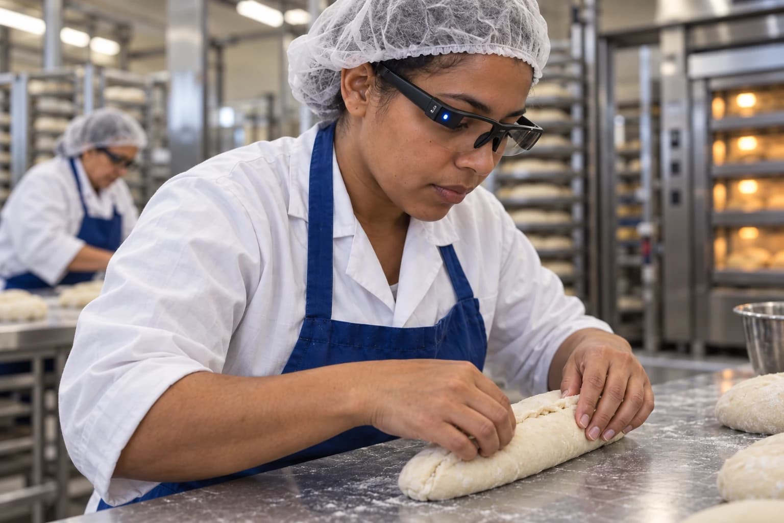 A new baker wearing camera glasses presses a dough loaf’s seam closed, leaving a short section unsealed.